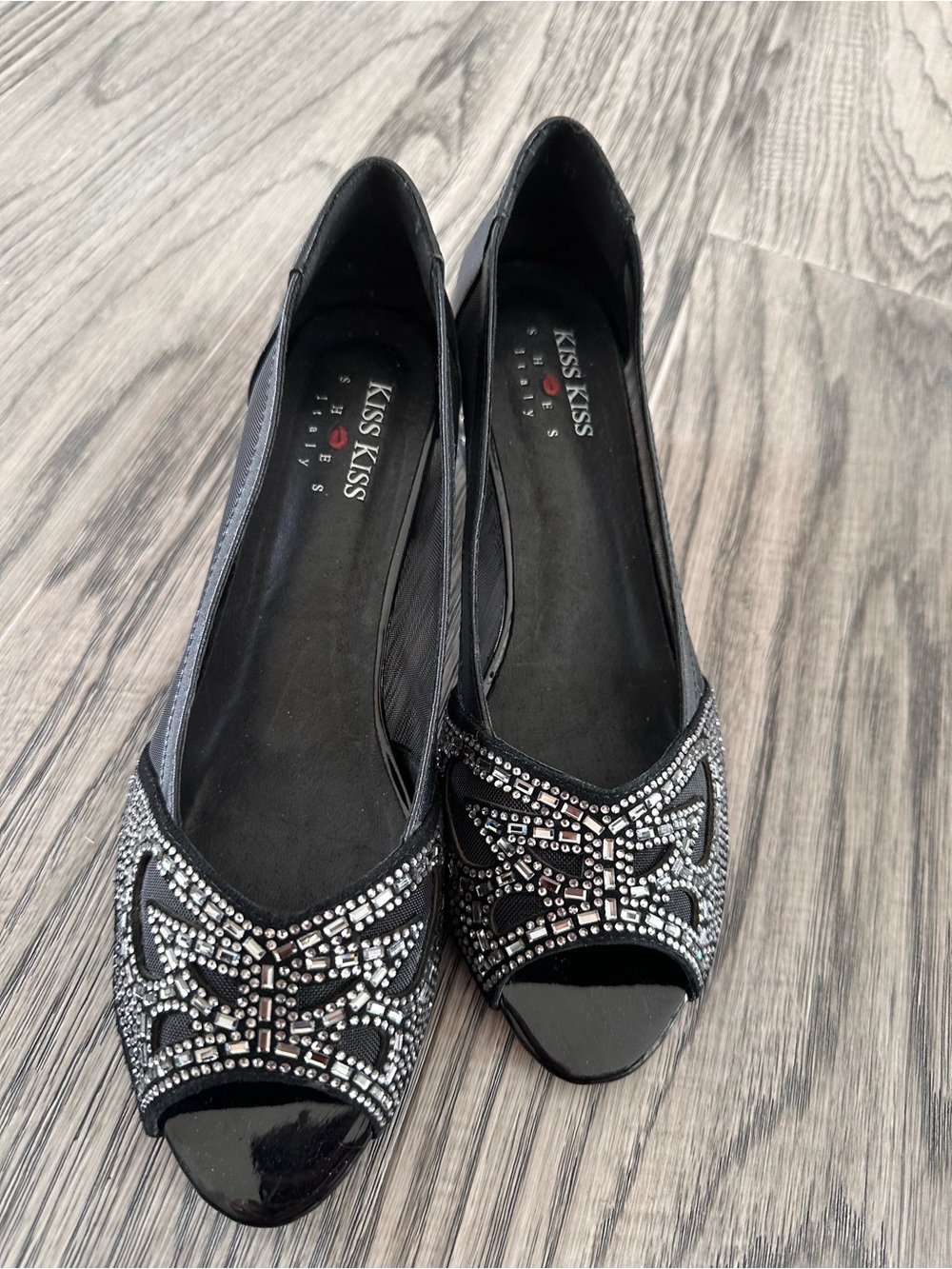 Kissy Kissy Black Embellished Peep-Toe Flats with Silver Accents